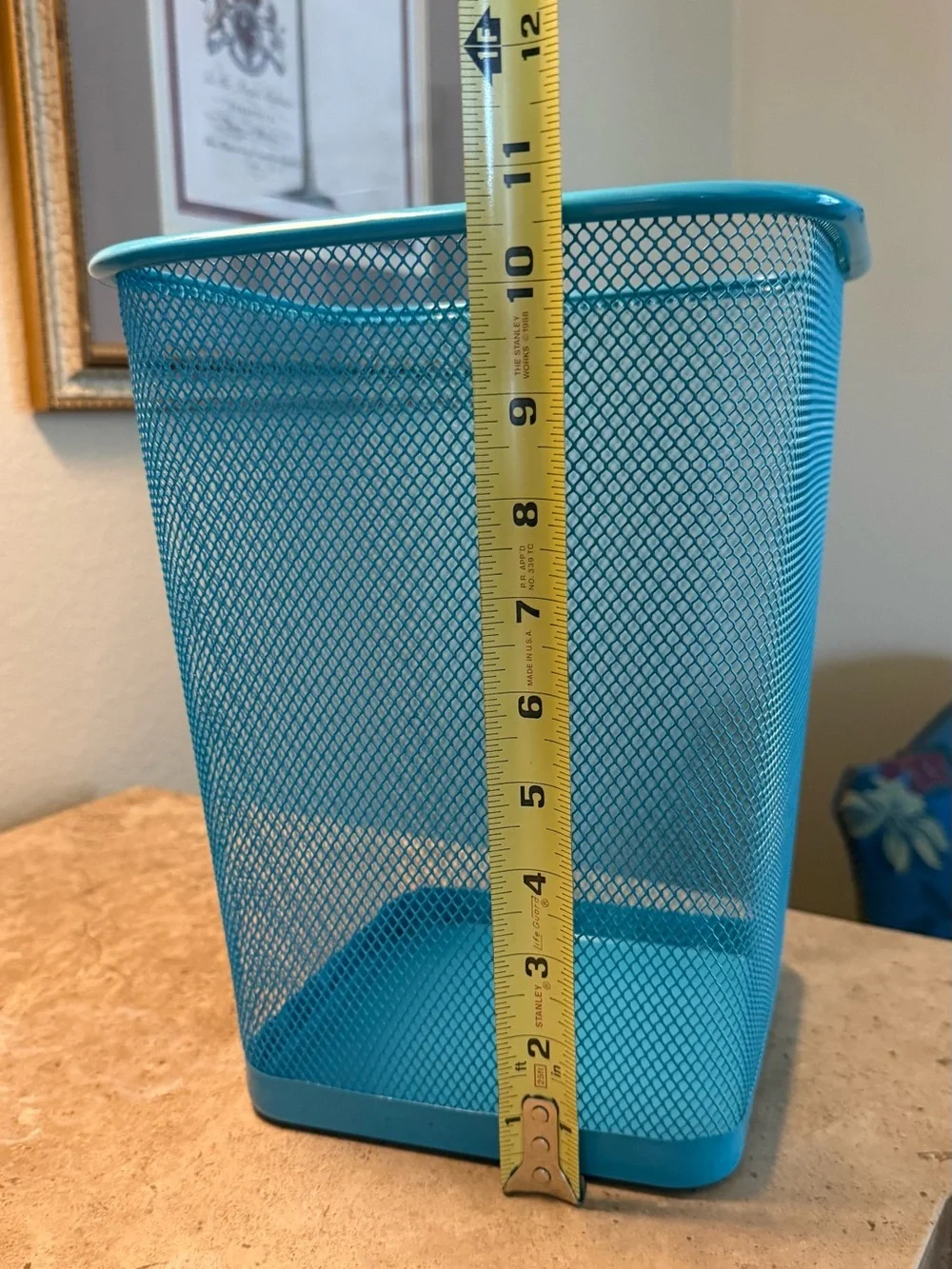 Bright Turquoise Blue Square Metal Mesh Trash Can Wastebasket